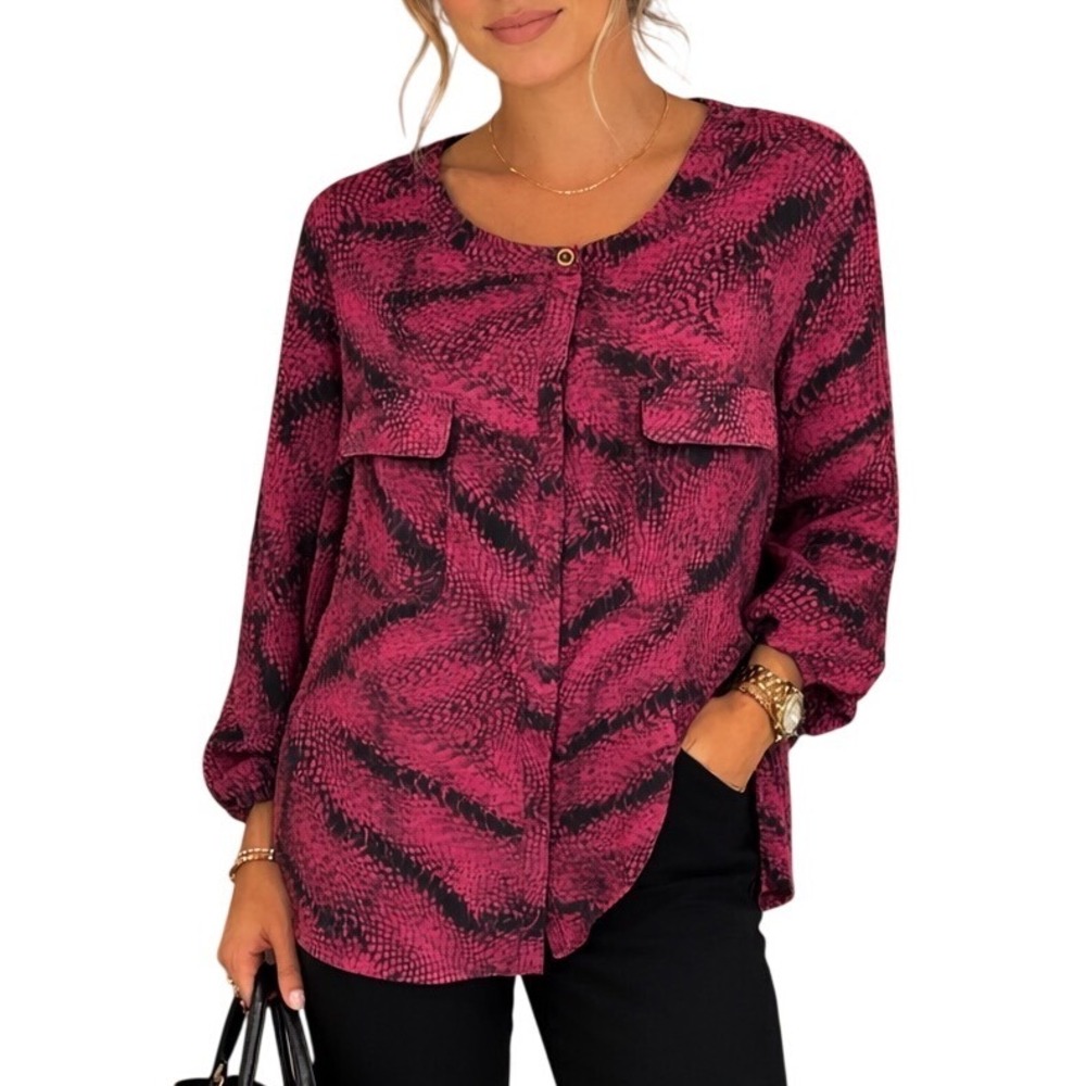 Anne Klein Snake Print Button Up Shirt‎ Blouse Size L Burgundy Roll Tab Sleeve